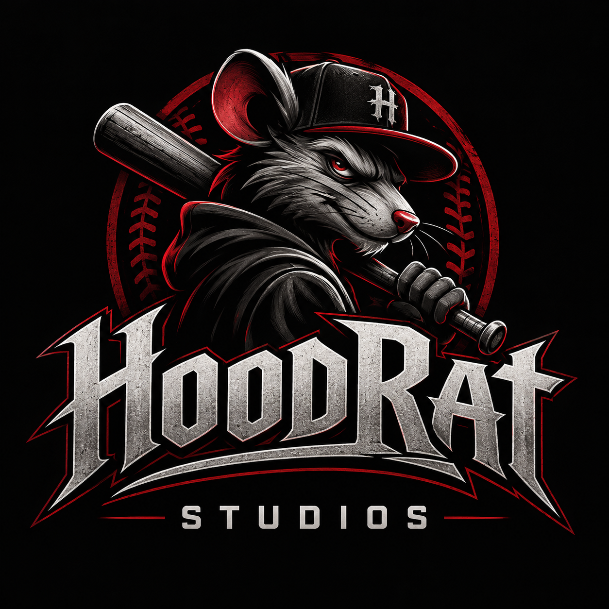 HoodRat Studios mascot: a red-eyed rat in a black hoodie and baseball cap, carrying a bat, above the silver HoodRat Studios wordmark.